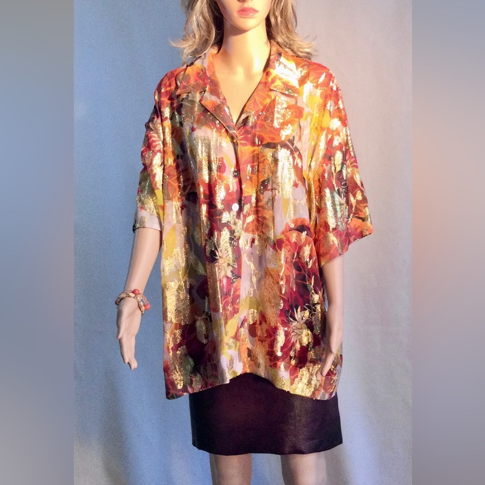 TOPSHOP orange metallic gold sheer short sleeve collared tunic Unique split back - Picture 5 of 14